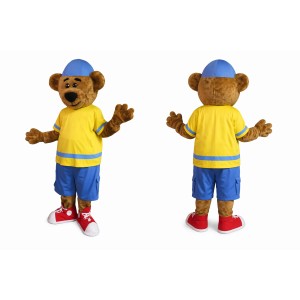 Yellow Bear Mascot Costume with Blue Shorts and Cap