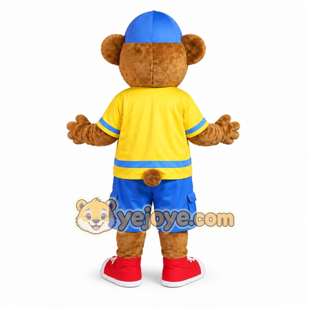 Yellow Bear Mascot Costume with Blue Shorts and Cap Yellow Bear Mascot Costume with Blue Shorts and Cap