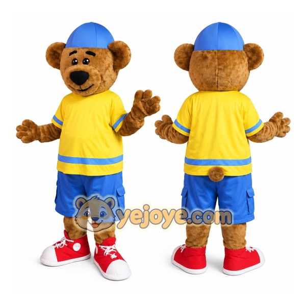 Yellow Bear Mascot Costume with Blue Shorts and Cap