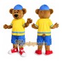 Yellow Bear Mascot Costume with Blue Shorts and Cap