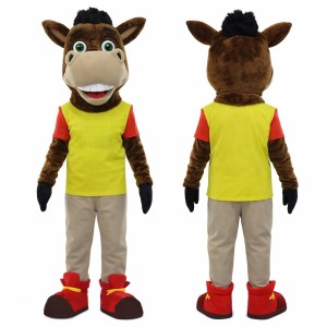 Brown Horse Mascot Costume with Yellow Shirt