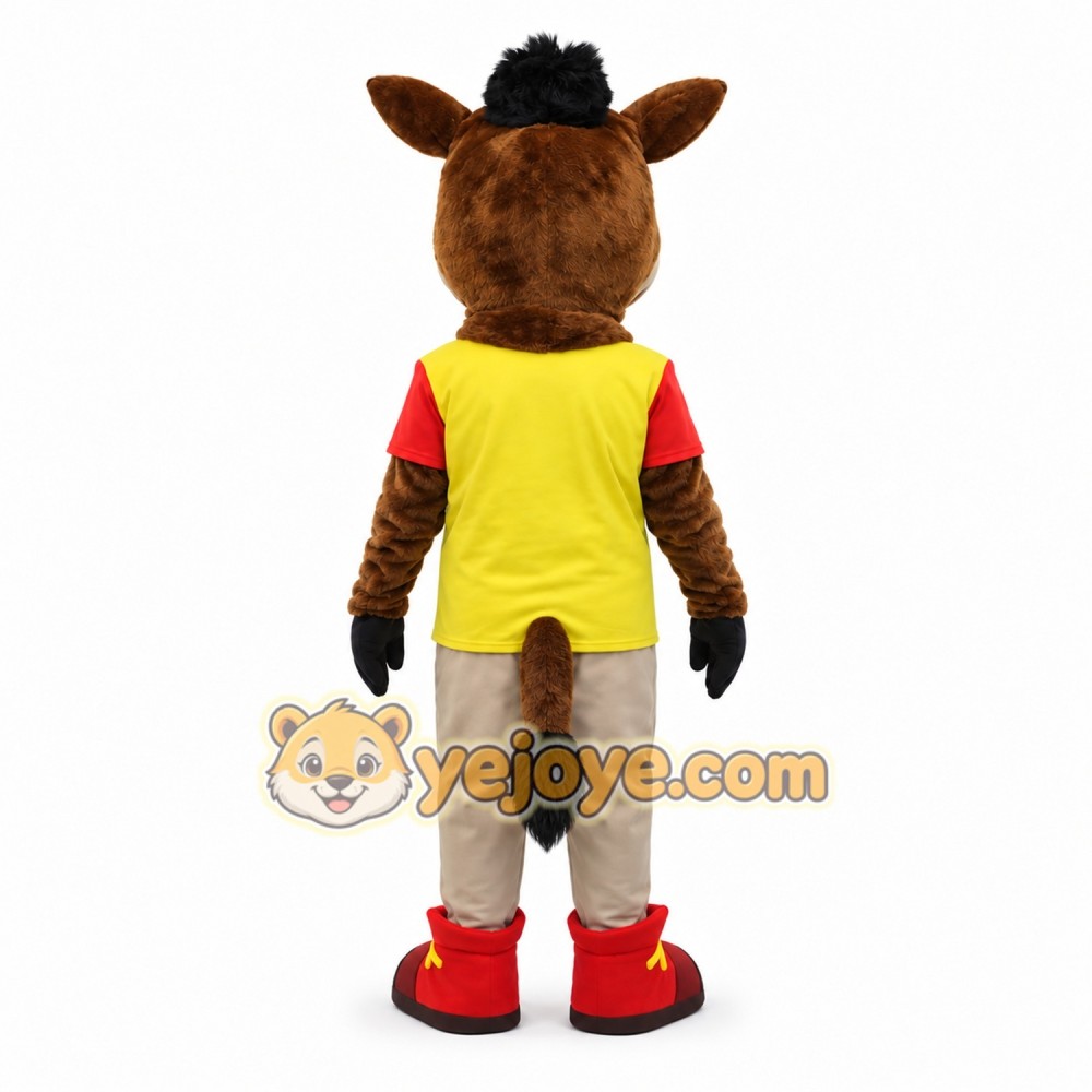 Brown Horse Mascot Costume with Yellow Shirt Brown Horse Mascot Costume with Yellow Shirt