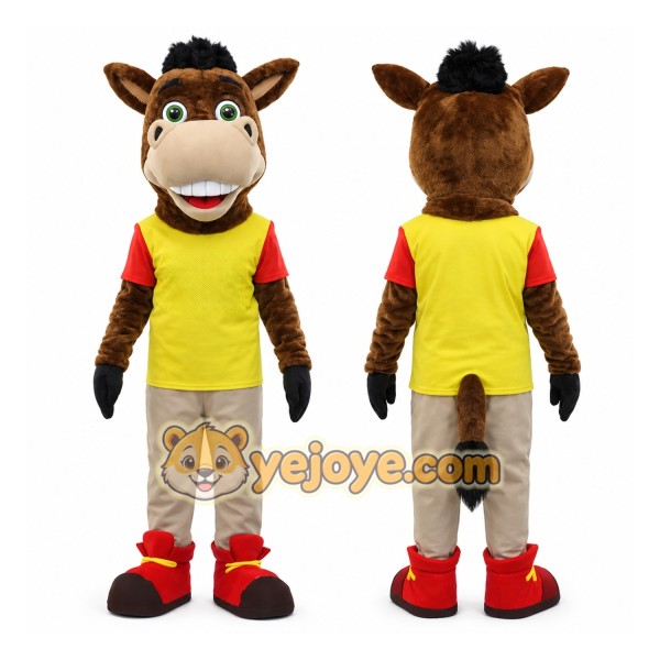 Brown Horse Mascot Costume with Yellow Shirt
