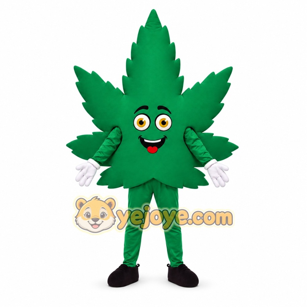Green Leaf Mascot Costume with Smiling Face
