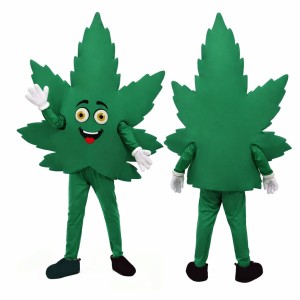 Green Leaf Mascot Costume with Smiling Face