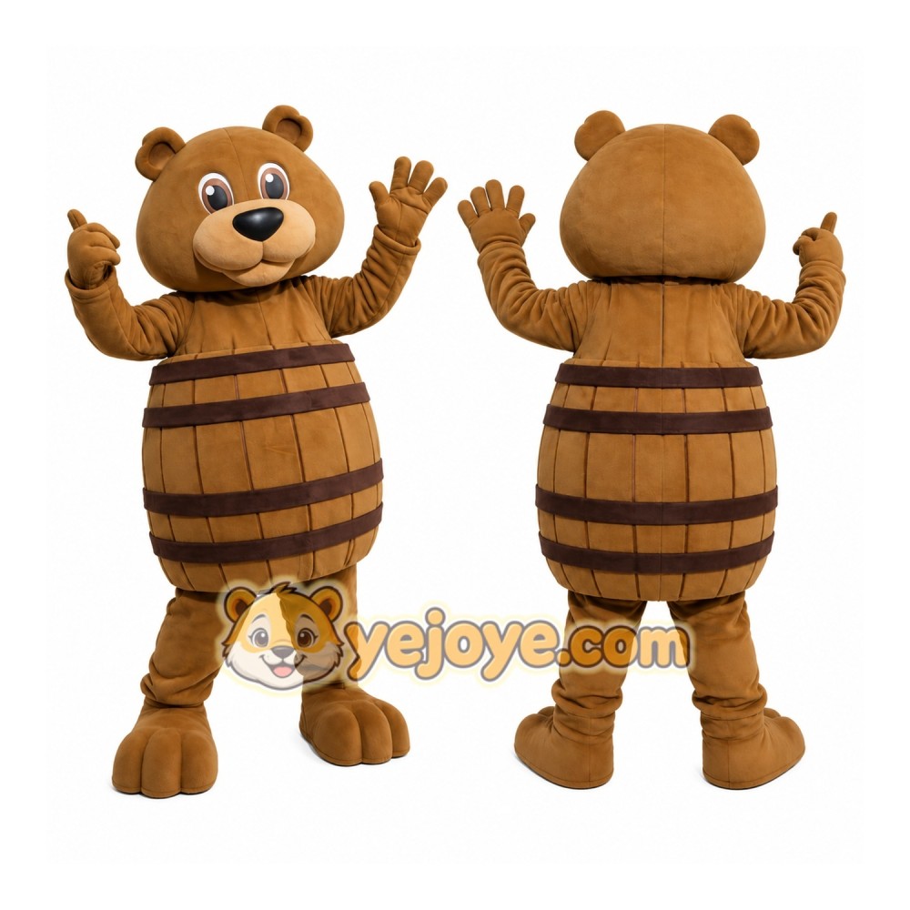 Brown Bear Mascot Costume with Barrel Design Brown Bear Mascot Costume with Barrel Design
