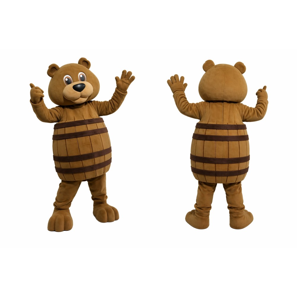 Brown Bear Mascot Costume with Barrel Design