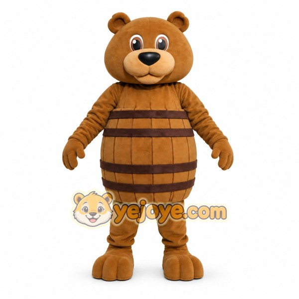 Brown Bear Mascot Costume with Barrel Design