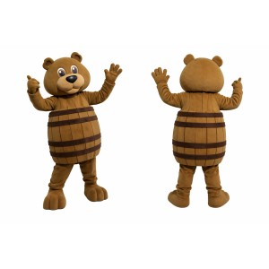 Brown Bear Mascot Costume with Barrel Design