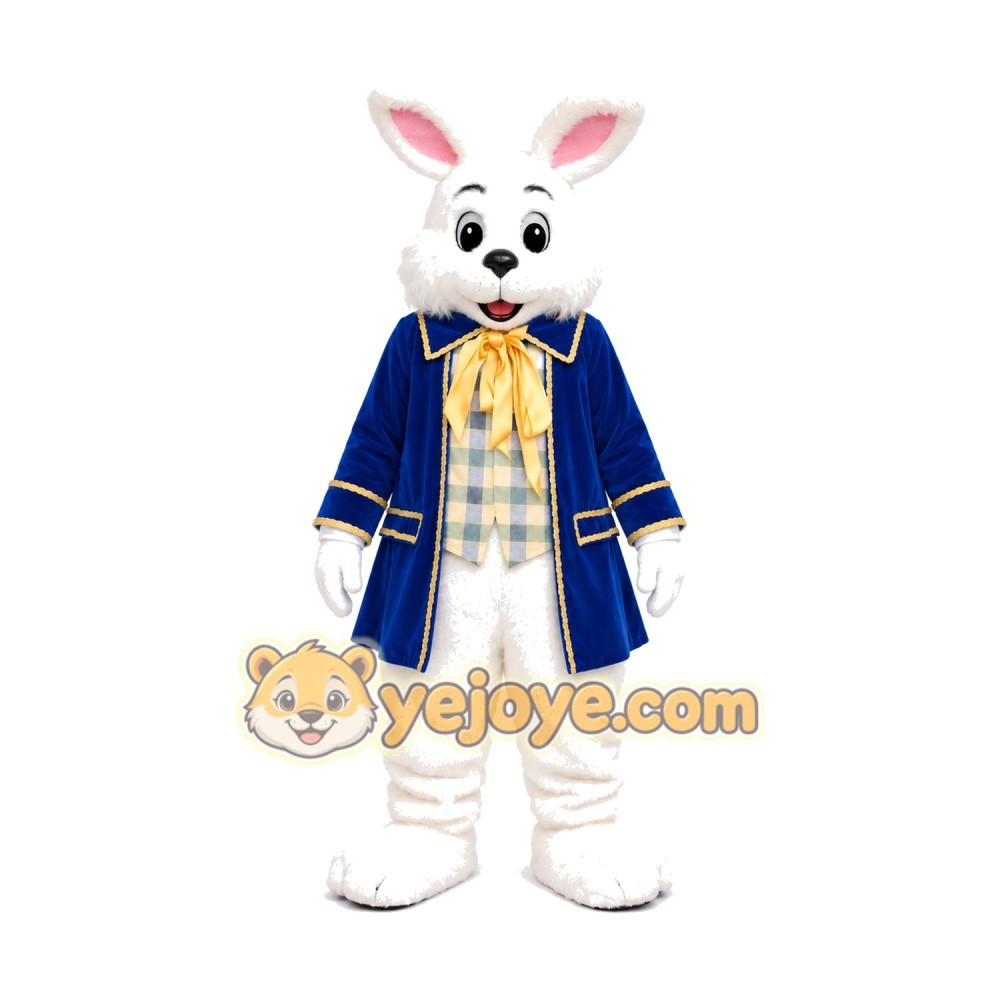 White Easter Bunny Mascot Costume With Blue Suit White Easter Bunny Mascot Costume With Blue Suit