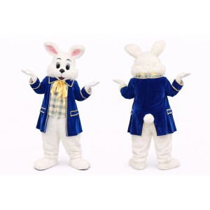 White Easter Bunny Mascot Costume With Blue Suit