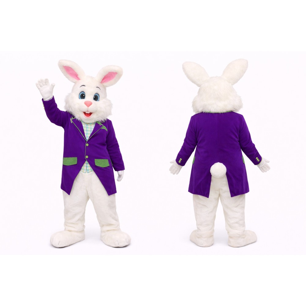 White Easter Bunny Mascot Costume With Purple Suit