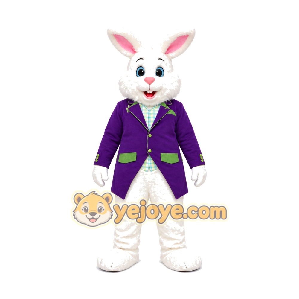 White Easter Bunny Mascot Costume With Purple Suit White Easter Bunny Mascot Costume With Purple Suit