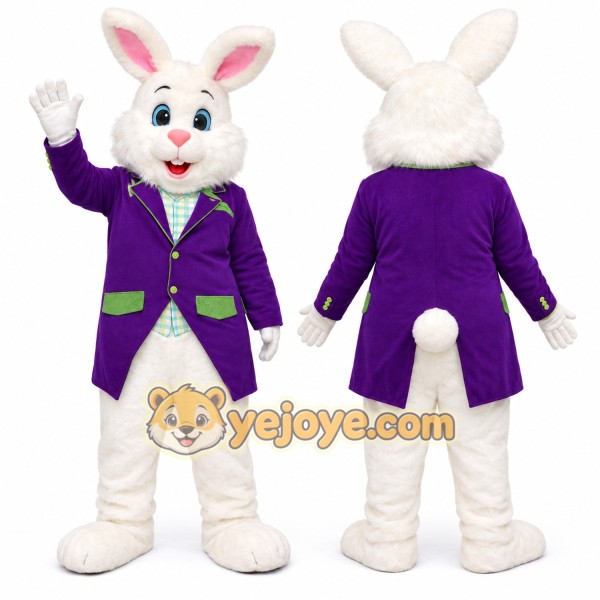 White Easter Bunny Mascot Costume With Purple Suit