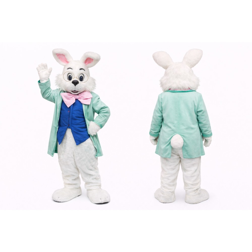 White Easter Bunny Mascot Costume With Green Suit