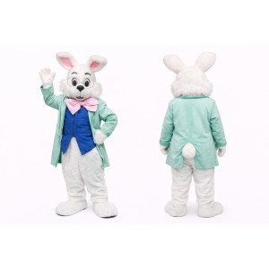 White Easter Bunny Mascot Costume With Green Suit