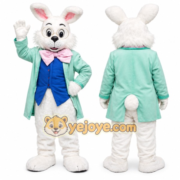White Easter Bunny Mascot Costume With Green Suit