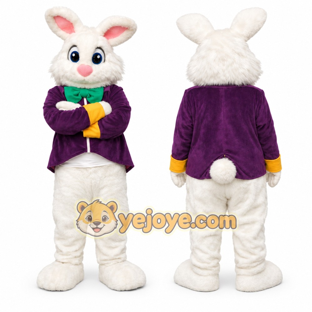 Happy White Easter Bunny Mascot Costume With Purple Suit Happy White Easter Bunny Mascot Costume With Purple Suit
