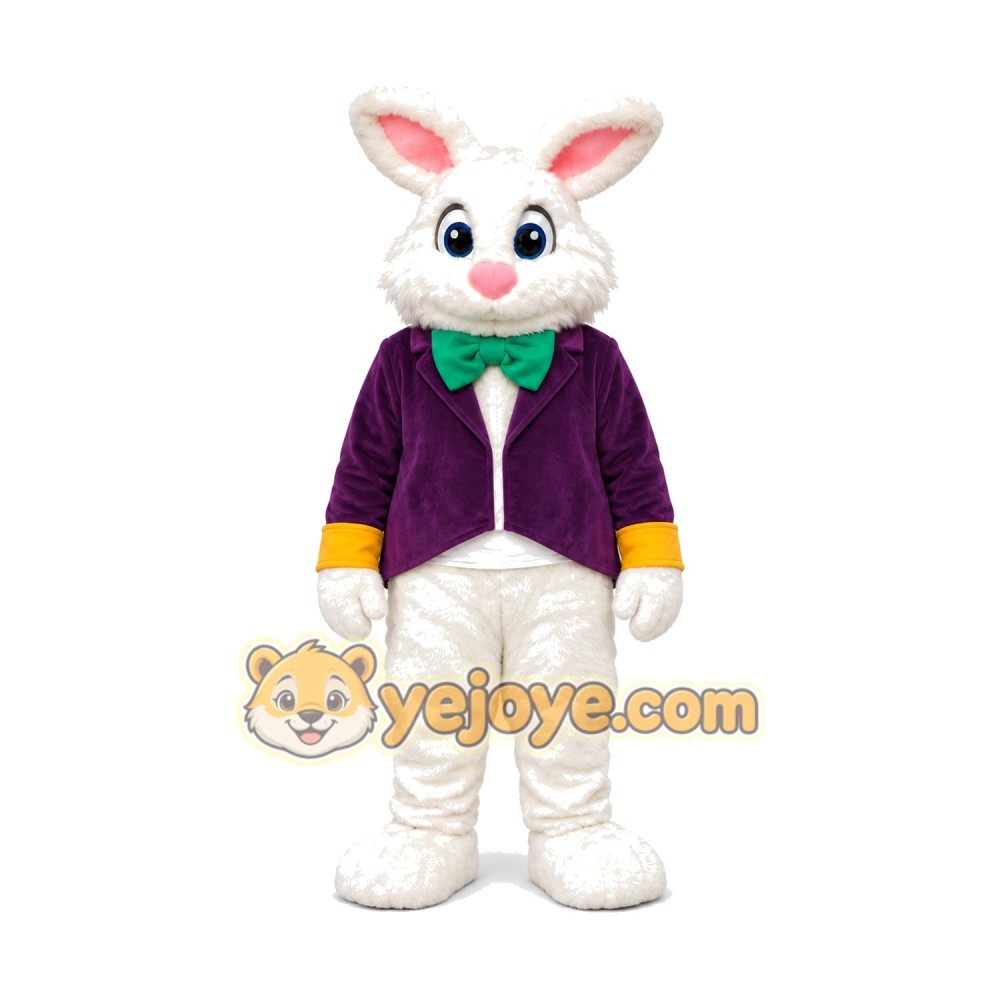 Happy White Easter Bunny Mascot Costume With Purple Suit Happy White Easter Bunny Mascot Costume With Purple Suit