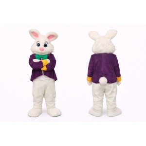 Happy White Easter Bunny Mascot Costume With Purple Suit