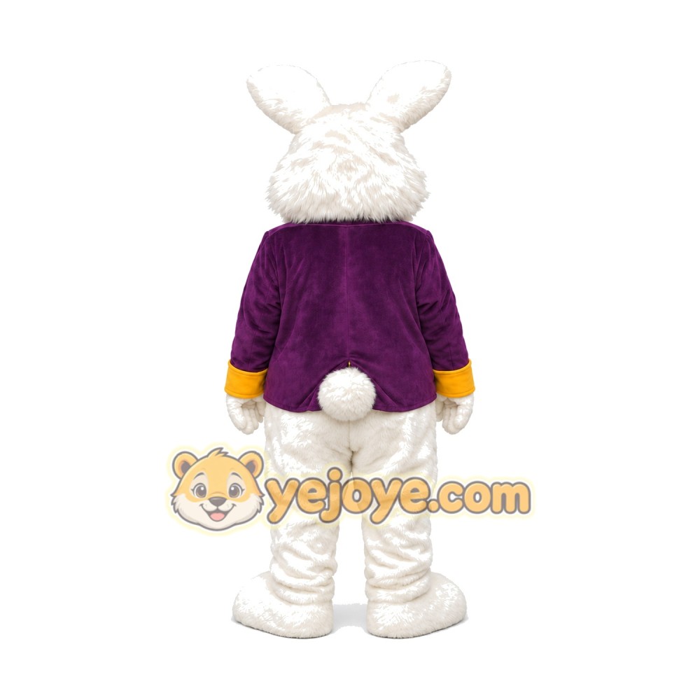 Happy White Easter Bunny Mascot Costume With Purple Suit Happy White Easter Bunny Mascot Costume With Purple Suit