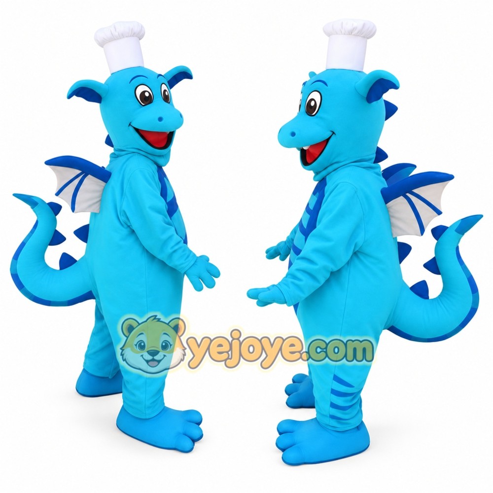 Blue Chef Dragon Cartoon Mascot Costume Blue Chef Dragon Cartoon Mascot Costume