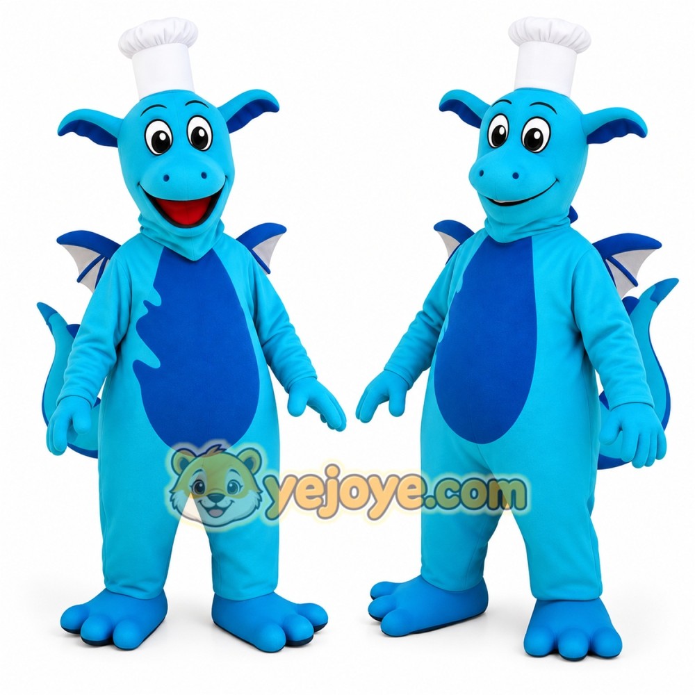 Blue Chef Dragon Cartoon Mascot Costume Blue Chef Dragon Cartoon Mascot Costume