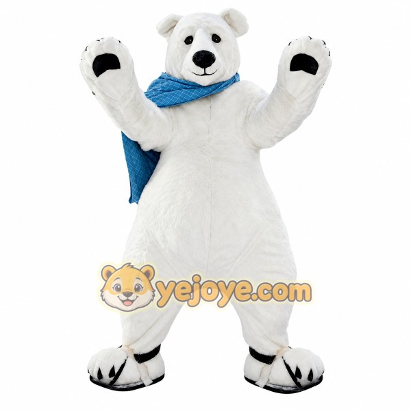 Blue scarf white polar bear mascot costume