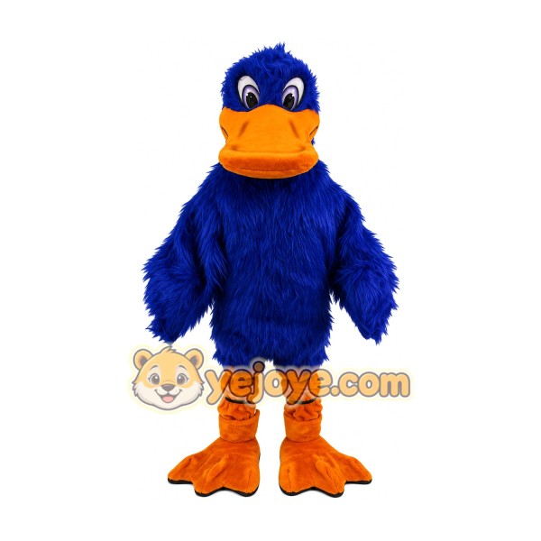 Deep blue duck long fur cartoon mascot costume