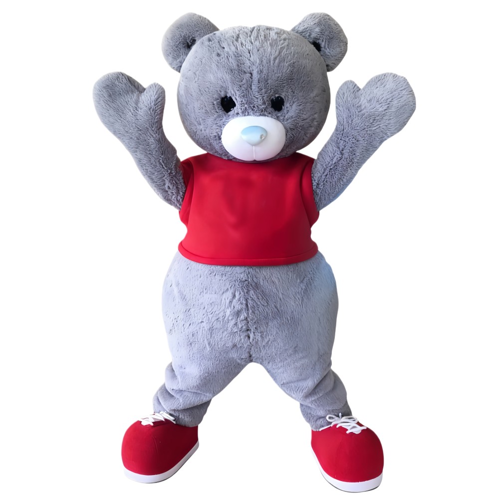 Grey teddy bear cartoon mascot costume
