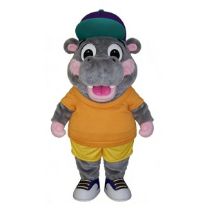 Grey chubby hippopotamus cartoon mascot costume