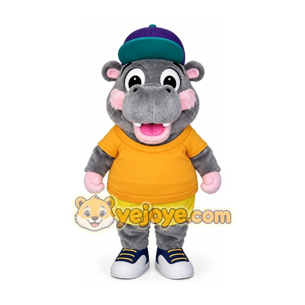 Grey chubby hippopotamus cartoon mascot costume