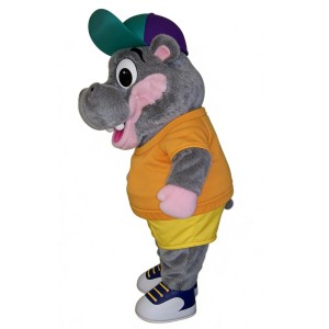 Grey chubby hippopotamus cartoon mascot costume