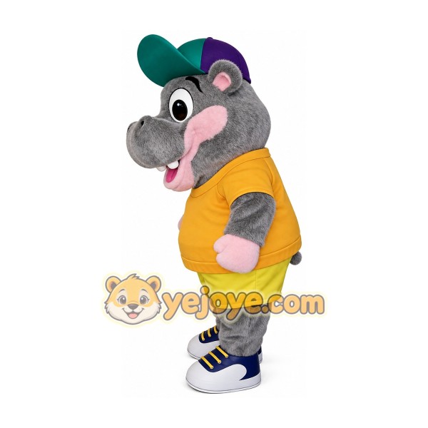 Grey chubby hippopotamus cartoon mascot costume