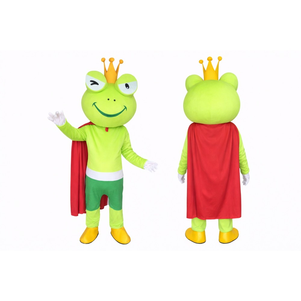 Frog King Mascot Costume with Crown & Cape Full Body Cartoon Frog Character Outfit