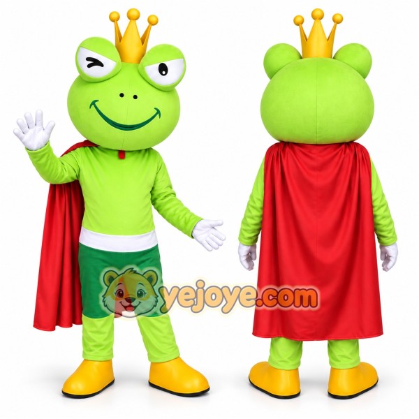 Frog King Mascot Costume with Crown & Cape Full Body Cartoon Frog Character Outfit