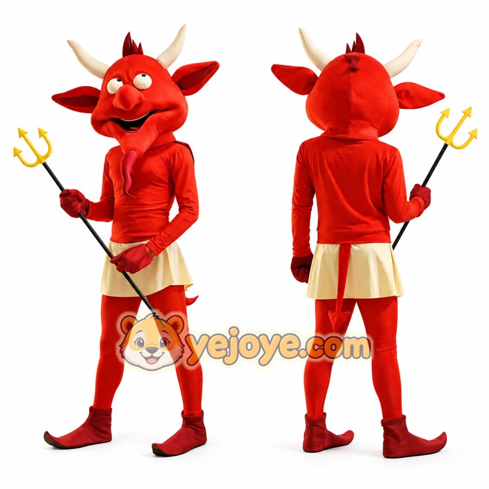 Red Devil Mascot Costume with Trident Full Body Cartoon Demon Character Outfit Red Devil Mascot Costume with Trident Full Body Cartoon Demon Character Outfit