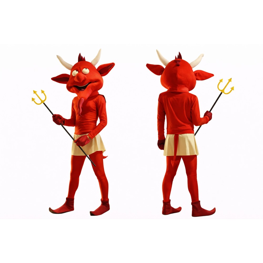 Red Devil Mascot Costume with Trident Full Body Cartoon Demon Character Outfit