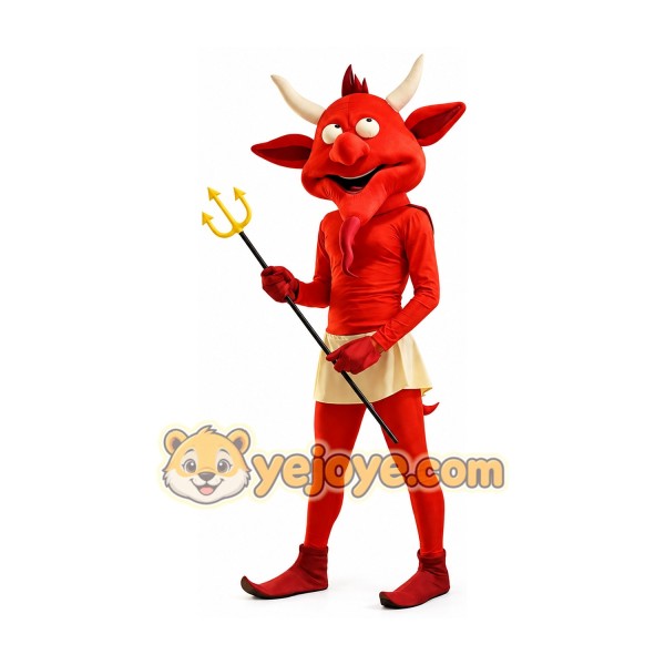 Red Devil Mascot Costume with Trident Full Body Cartoon Demon Character Outfit