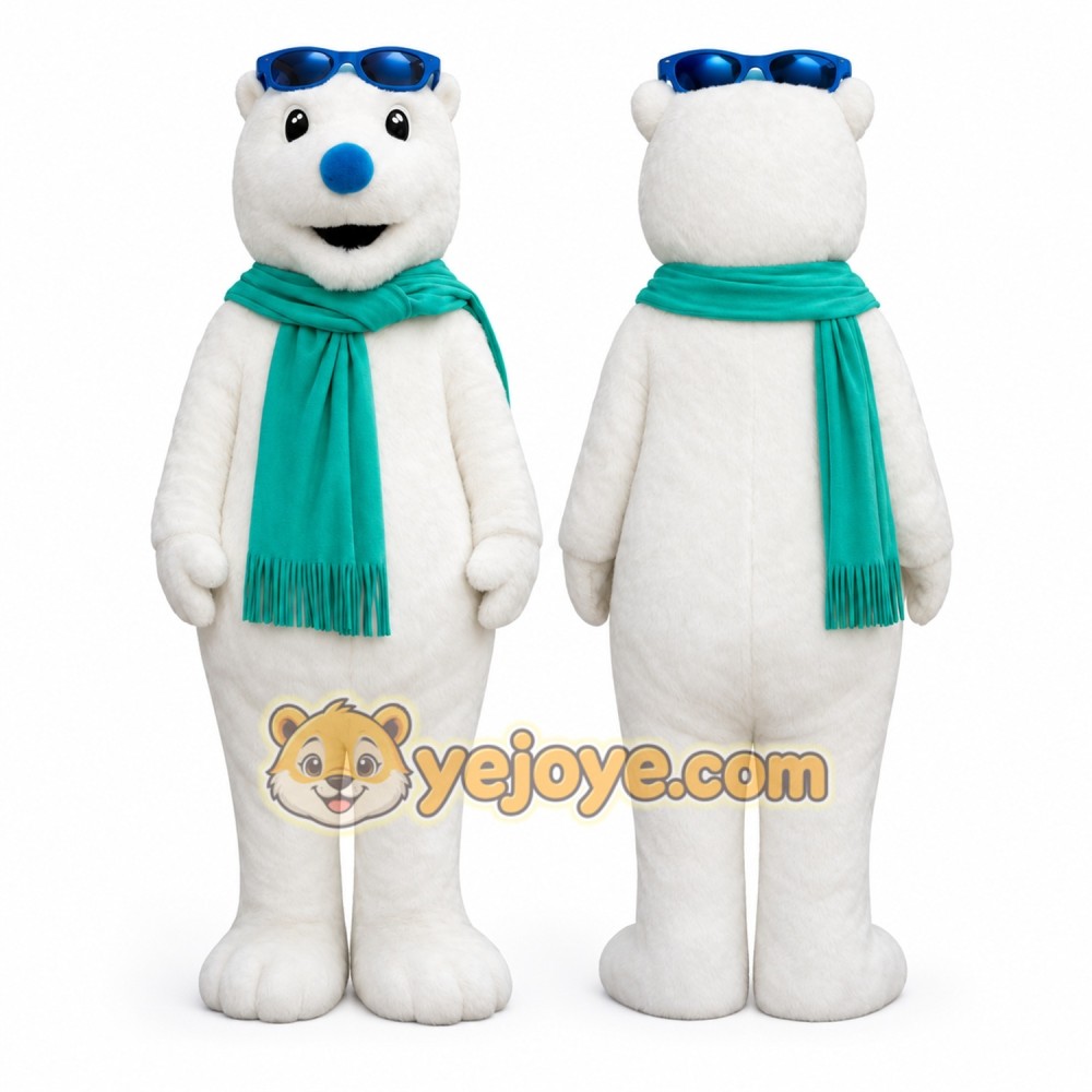 Adult Polar Bear Mascot Costume with Sunglasses & Scarf Full Body Cartoon Character Outfit for Events & Promotions