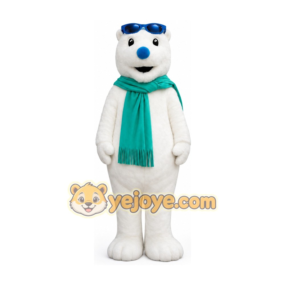 Adult Polar Bear Mascot Costume with Sunglasses & Scarf Full Body Cartoon Character Outfit for Events & Promotions