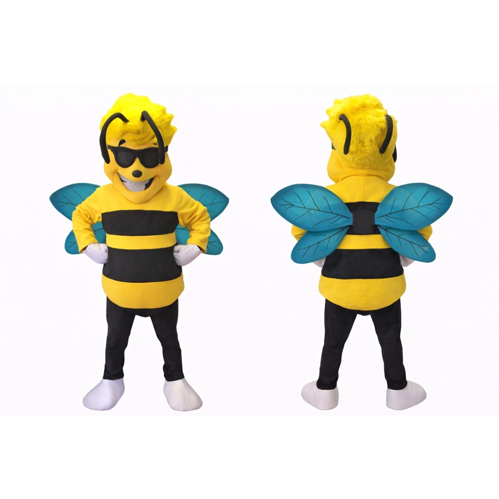 Cool Bee Mascot Costume with Sunglasses & Wings Full Body Cartoon Insect Character Outfit