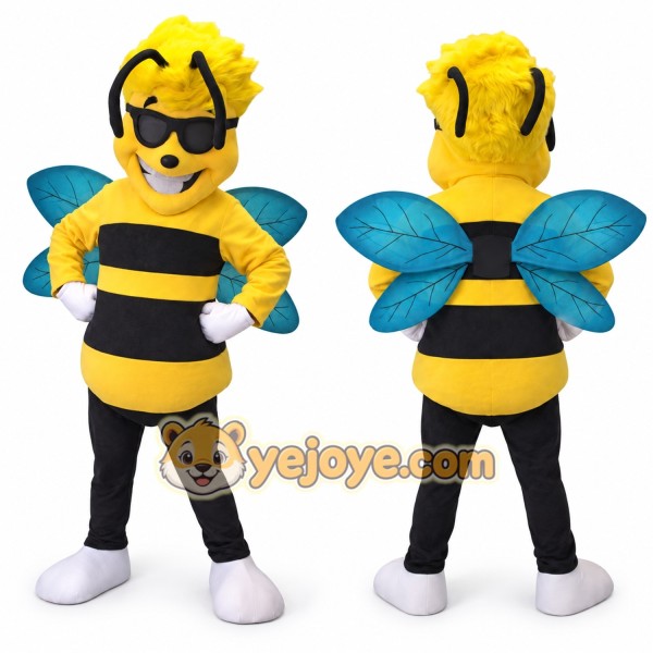 Cool Bee Mascot Costume with Sunglasses & Wings Full Body Cartoon Insect Character Outfit