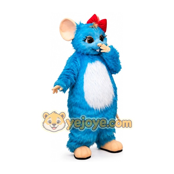 Blue Mouse Mascot Costume with Red Bow Cartoon Animal Character Adult Size for Party Event Promotion