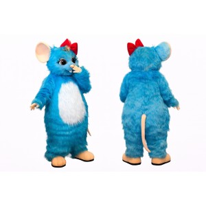 Blue Mouse Mascot Costume with Red Bow Cartoon Animal Character Adult Size for Party Event Promotion