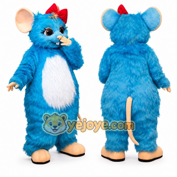 Blue Mouse Mascot Costume with Red Bow Cartoon Animal Character Adult Size for Party Event Promotion