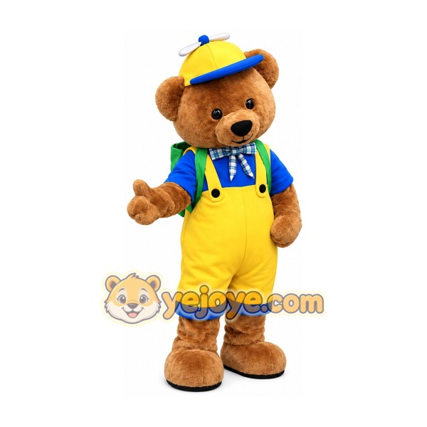 Teddy Bear Mascot Costume with Backpack & Propeller Cap Full Body Cartoon Character Outfit