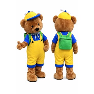 Teddy Bear Mascot Costume with Backpack & Propeller Cap Full Body Cartoon Character Outfit