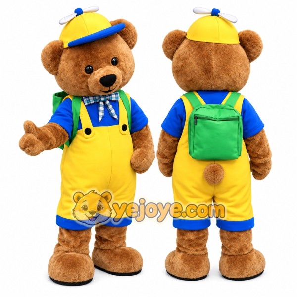 Teddy Bear Mascot Costume with Backpack & Propeller Cap Full Body Cartoon Character Outfit