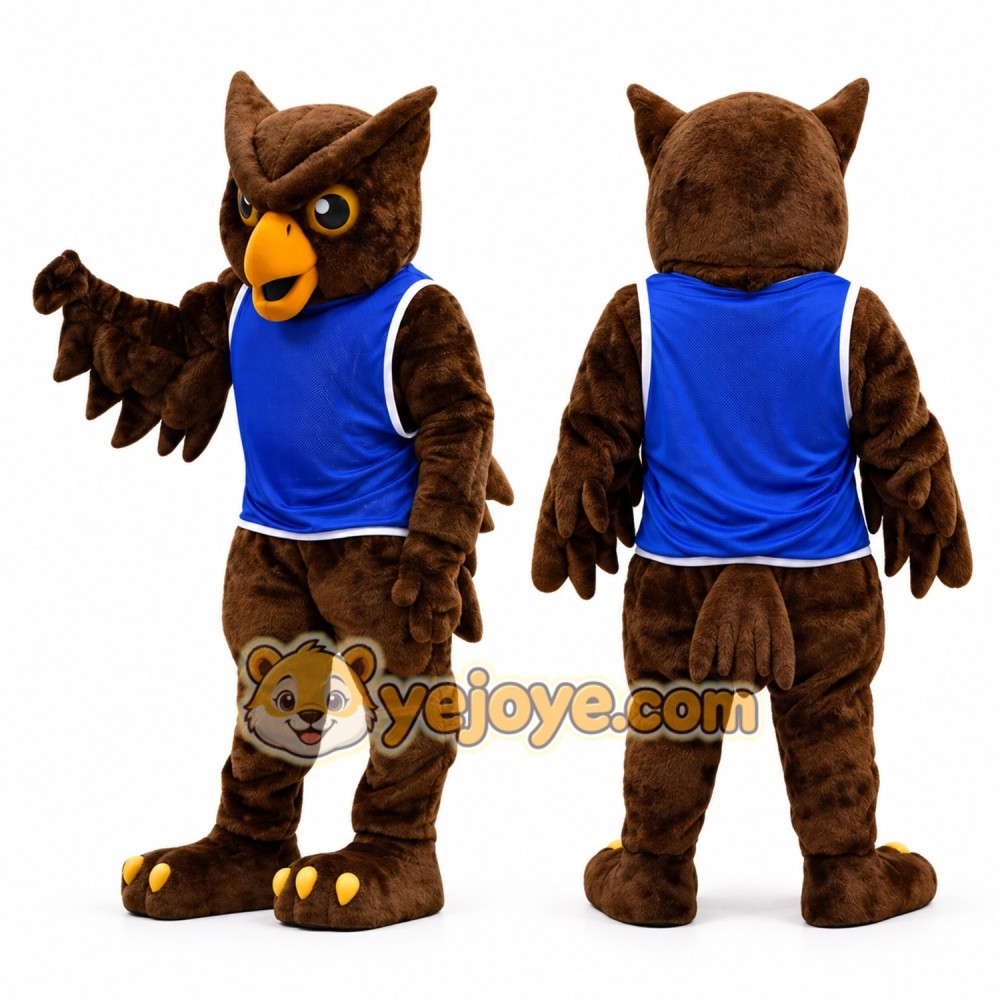 Owl Mascot Costume with Blue Sports Jersey Full Body Cartoon Owl Character Outfit Owl Mascot Costume with Blue Sports Jersey Full Body Cartoon Owl Character Outfit